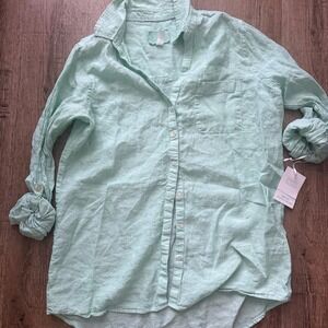 Sigrid Olsen 100% Linen Button Front Long Sleeve Roll Tab Tunic Shirt in Mint Gr